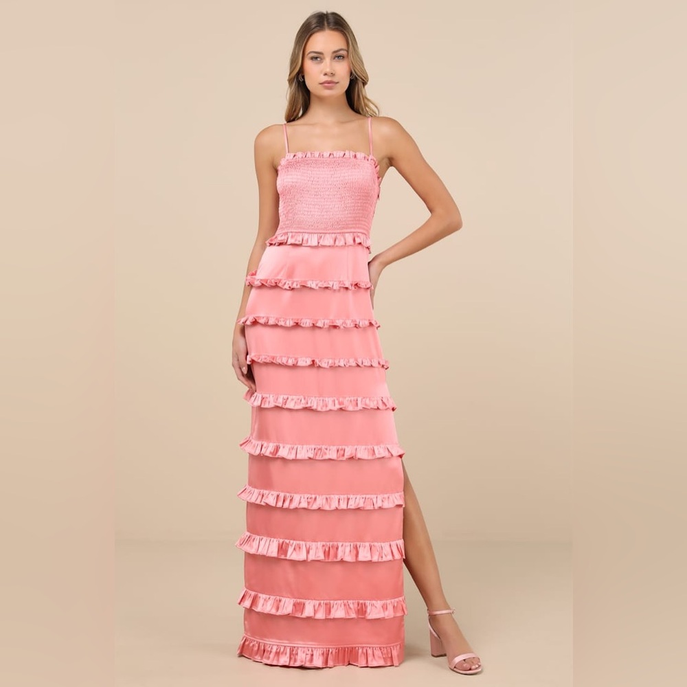 NWT Lulus Sincerely Fabulous Peach Pink Satin Smocked Ruffled Maxi Dress - Picture 2 of 7